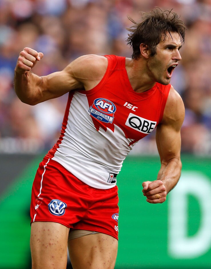 AFL 2016 Toyota AFL Grand Final - Sydney v Western Bulldogs MELBOURNE, AUSTRALIA - OCTOBER 01: Josh Kennedy of the Swans celebrates a goal during the 2016 Toyota AFL Grand Final match between the Sydney Swans and the Western Bulldogs at the Melbourne Cricket Ground on October 01, 2016 in Melbourne, Australia. (Photo by Adam Trafford/AFL Media)